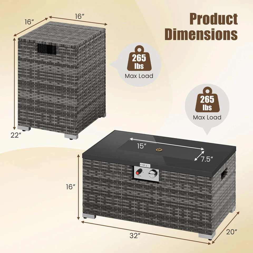 2 PCS Outdoor Rattan Fire Table Set w/ Tank Cover Tempered Glass Tabletop - Image 2 of 4