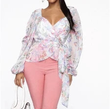 NWT Fashion Nova XL Blue Pink Floral Romantic Feminine Surplice Wrap Blouse