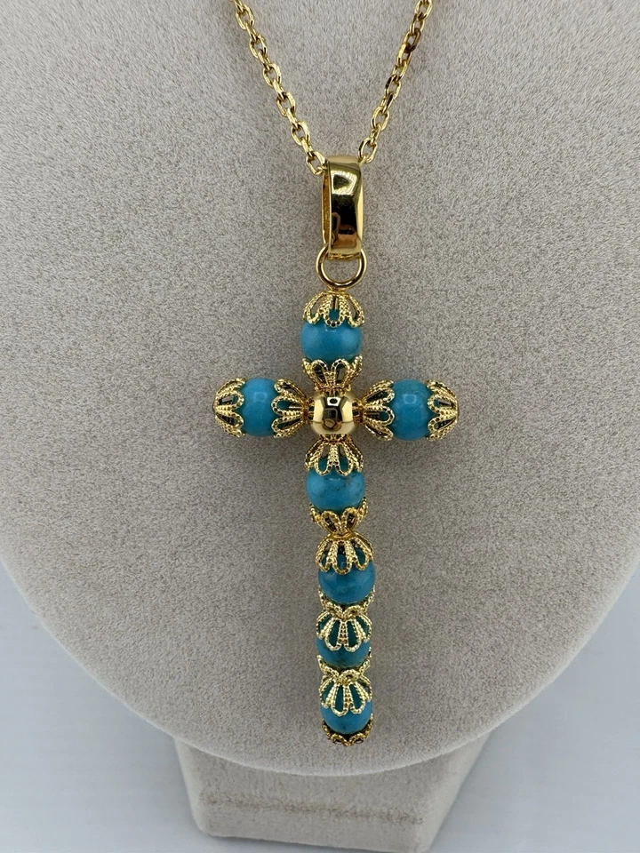 Collar Cruz Turquesa Y Oro Cuentas 2-1/2 18 pulgadas c/2 pulg. Ext. NUEVO LR Foto 3 de 4