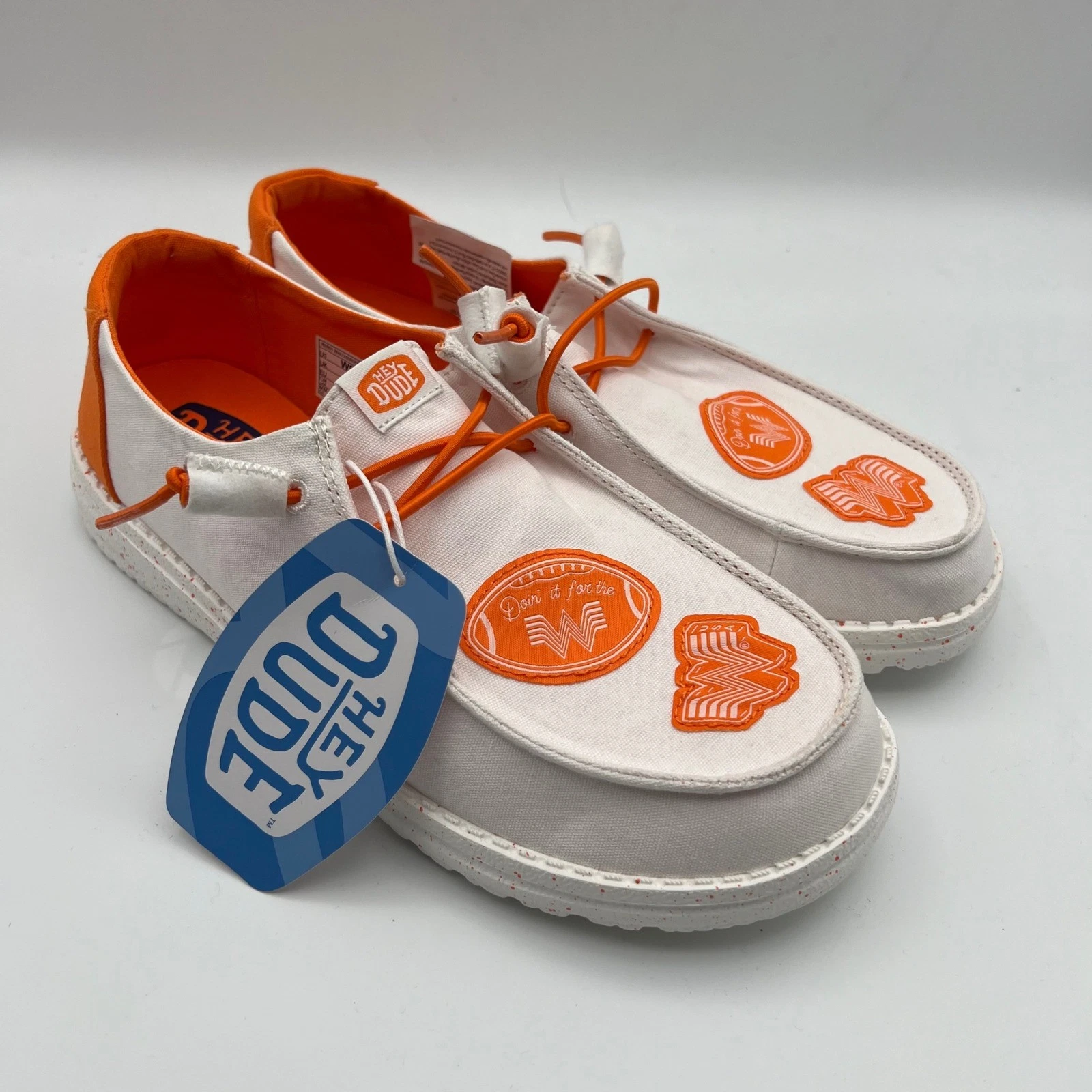 Hey Dude Wendy Whataburger Shoes Womens 9 White Orange Canvas Slip On Patches