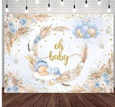 8x6ft Oh Baby Backdrop for Boys Blue Boho Floral Balloon