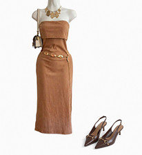 Haute Monde Women’s Size S Brown Ribbed Strapless Bodycon Long Dress HMD14345