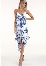 Lulus Island Time Blue And White Floral Print Ruffled Midi Dress - Size XS