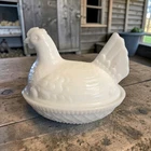 Vtg Imperial Milk Glass Hen on Nest4"x4.5"Candy Dish Easter Spring Farmhouse MCM
