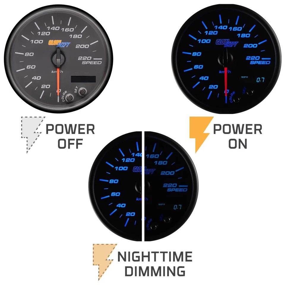 GlowShift Black 7 Color 3 3/4" 95mm In-Dash 220 km/h Kilometer Speedometer Gauge - Image 4 of 4
