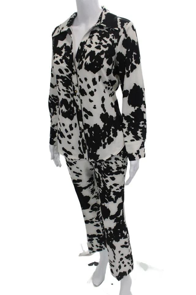 Conjunto de blusa e calça Zara feminina com colarinho estampa de vaca abotoada branca tamanho M - Imagem 4 de 4