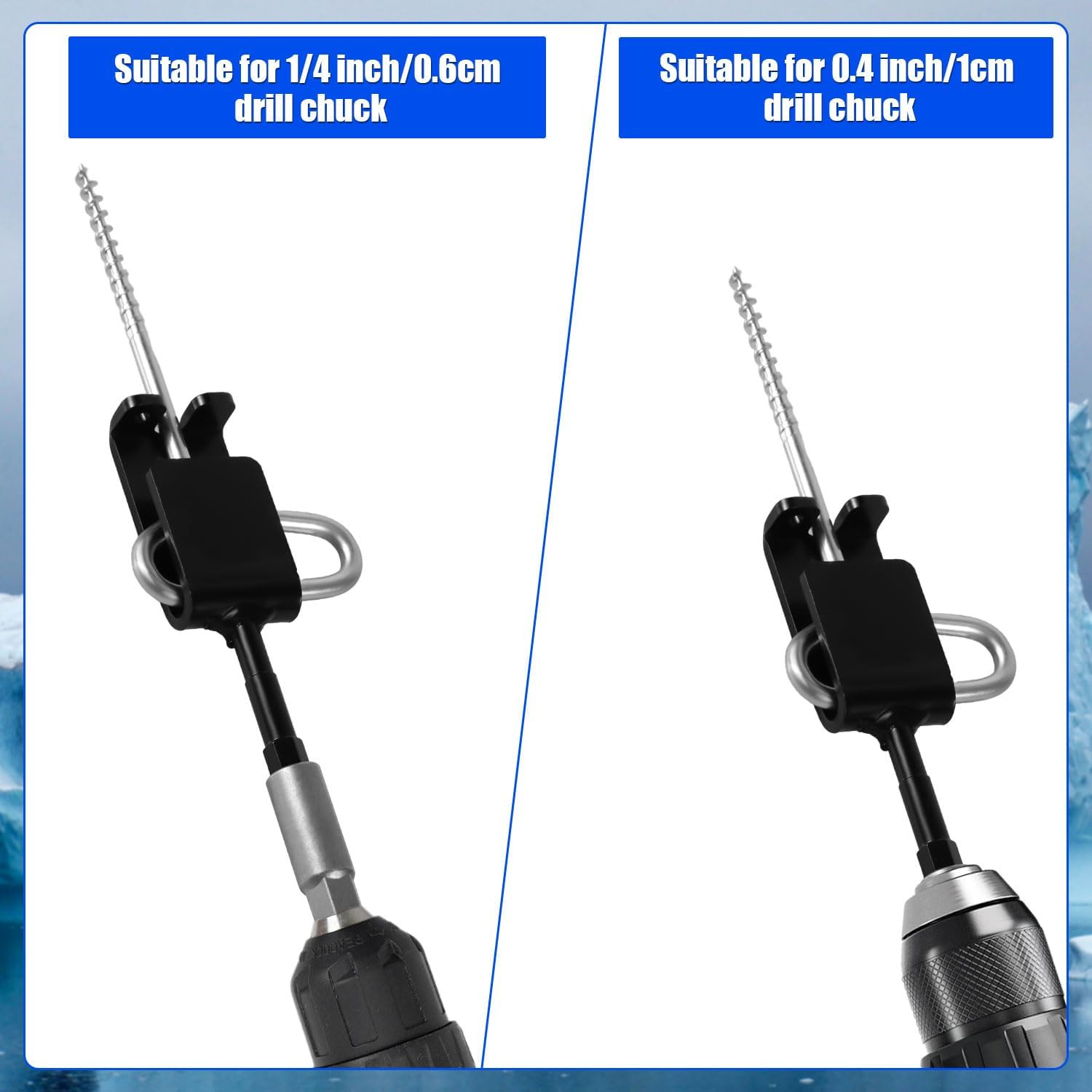 Ice Anchor Tool Kit with Drill Adapter and Threaded Peg Ice Fishing Tent Stakes