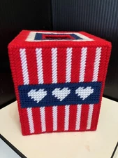 Handmade Needlepoint Plastic Canvas Tissue Box Cover Patriotic Flag USA Hearts