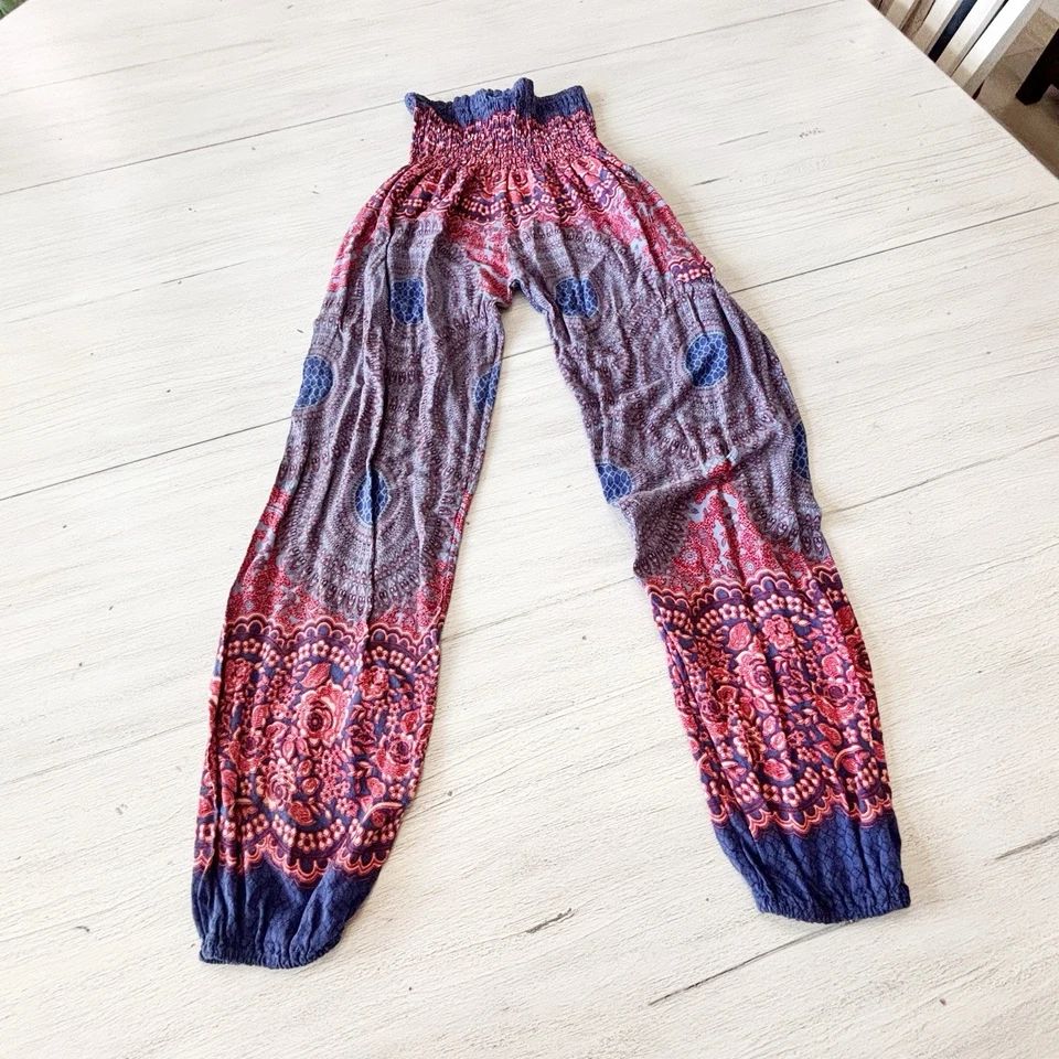 HAREM PANTS Women’s Blue Pink Floral Smocked Waist Ethnic Print Pocket OS - Image 2 of 4