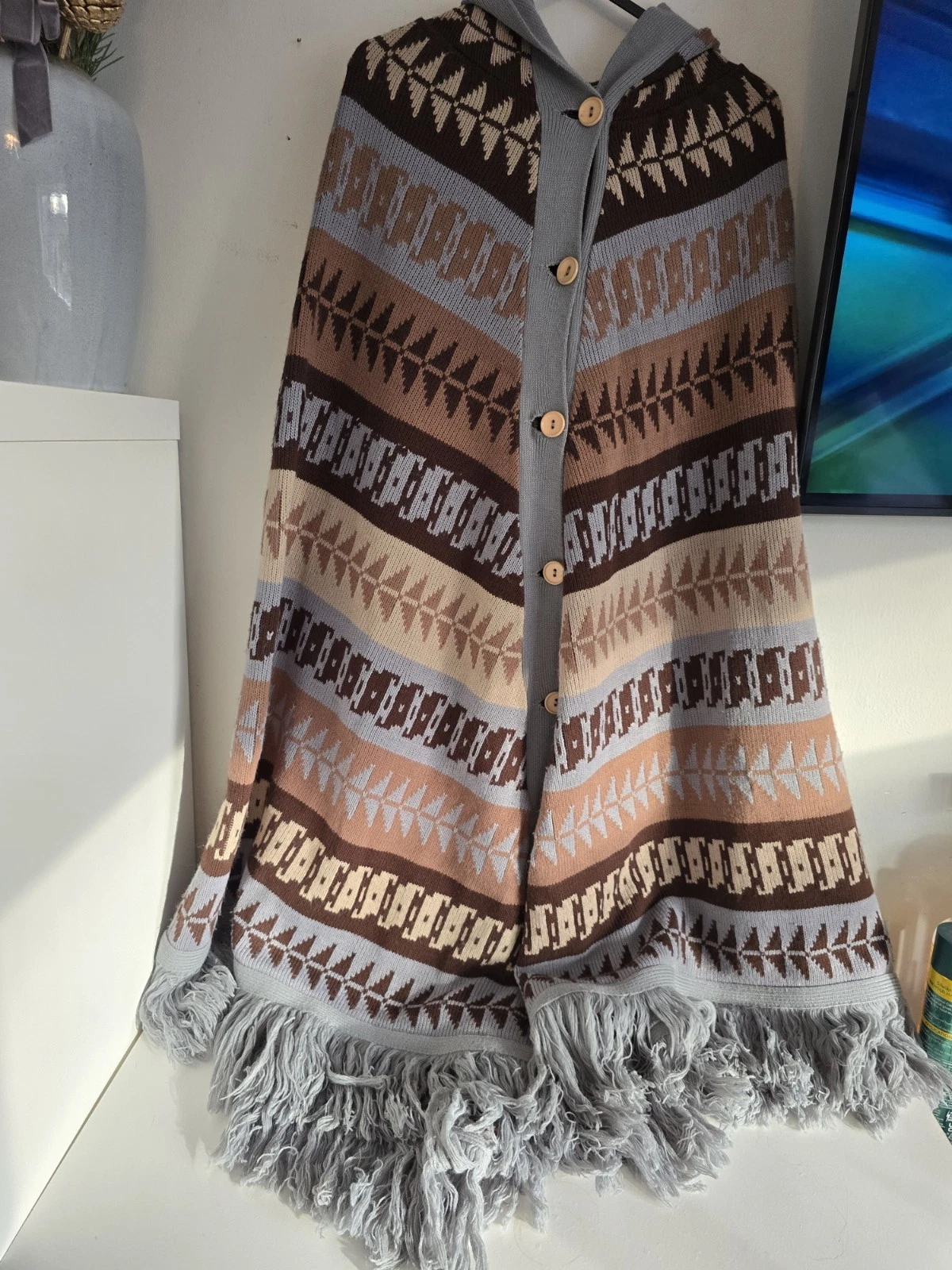 Vintage Full Length Medium Fashion Knitwear Hooded Poncho