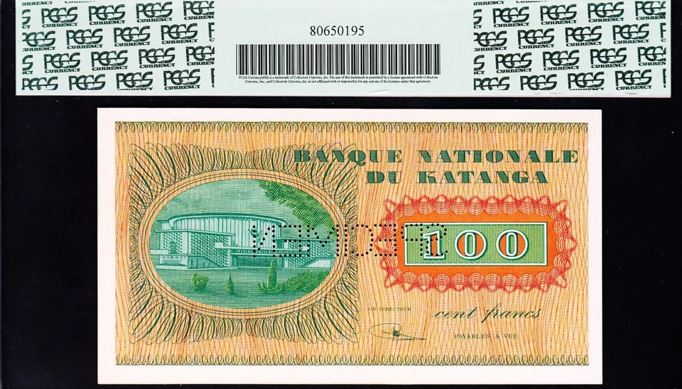 KATANGA 100 FRANCS 1960 **SPECIMEN** PCGS 64 VERY CHOICE NEW UNC P 8s ZZ RARE!! - Image 2 of 4