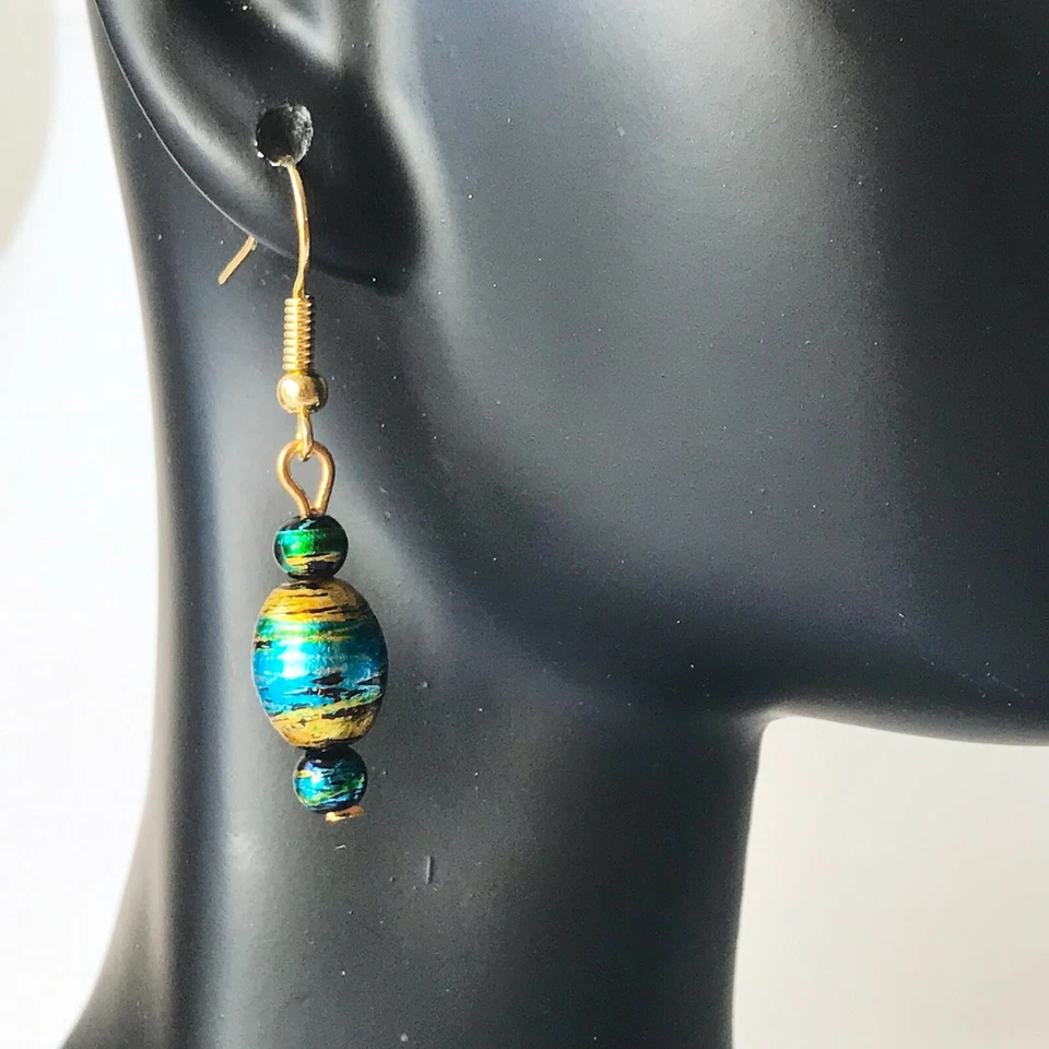 Blue Amber Murano Glass Earrings Bead Hand Painted Round Gold Plated - Image 2 of 4