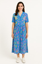 New Aura Button Down Maxi Shirt Dress Floral Pleated Cottage Rayon Blue XS NWT