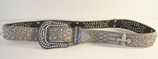 Genuine Leather 6022 SM Rhinestone Belt Jewels Fleur De Lis Design Gray