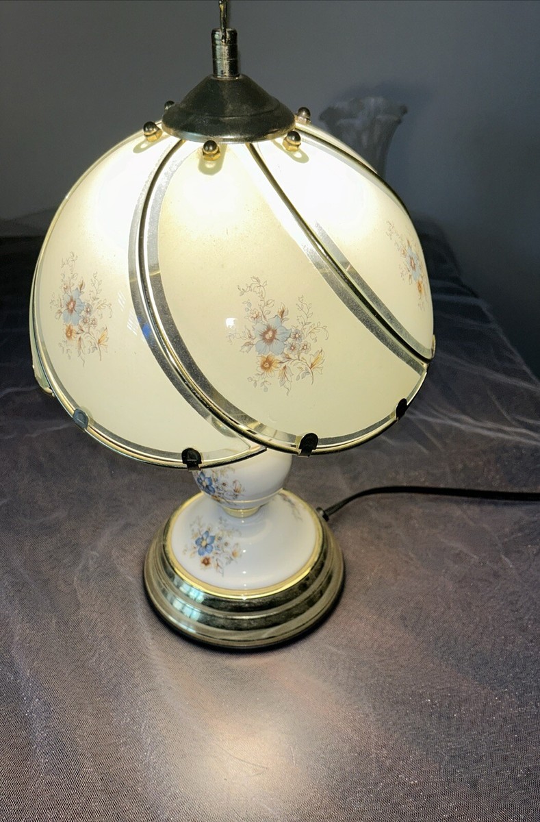 Vintage Floral 3 Way Touch Lamp Blue Pink Floral Six Glass Panel