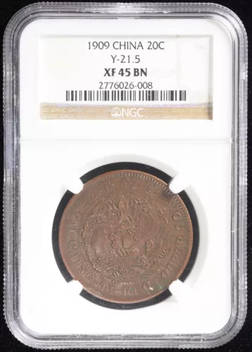 1909 CHINA AE 20C, Central Mint, Teintsin, Y-21.5  NGC XF 45 BN