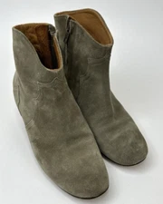 Isabel Marant Etoile Suede Stacked Heel Zip Up Ankle Booties Olive Size 37.5