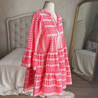 Devotion Twins Ella Short Hot Pink and White Geometric Tiered Mini Dress size XS