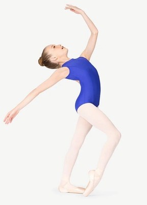 NWT Mariia Crown Royal Blue Mock Neck Halter Open Back Ballet Leotard Sz Adult M