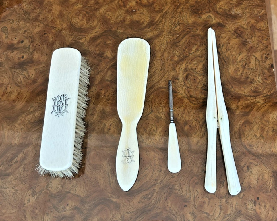 Antique Grooming Set Brush Glove Stretcher Button Hook MH Monogram c. 1880-1915