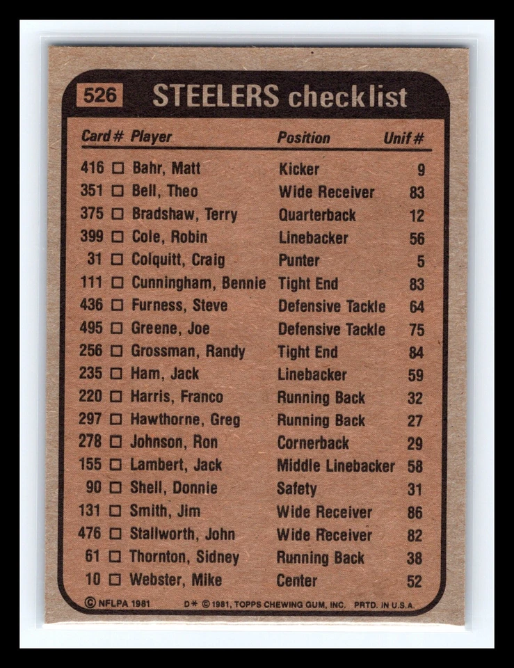 1981 Topps - Team Leaders Franco Harris, L.C. Greenwood, Donnie Shell #526 - Image 2 of 2