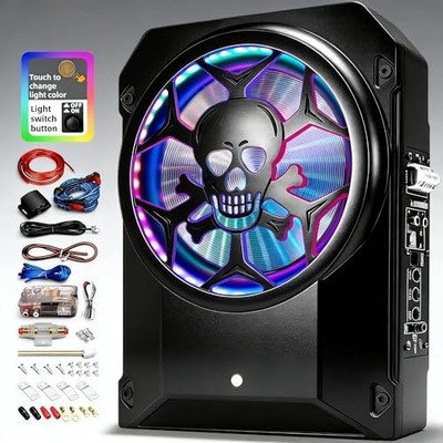 1600W Car Subwoofer, 10'' Ultra-Thin Powered Under-Seat Sub with Built Black KL