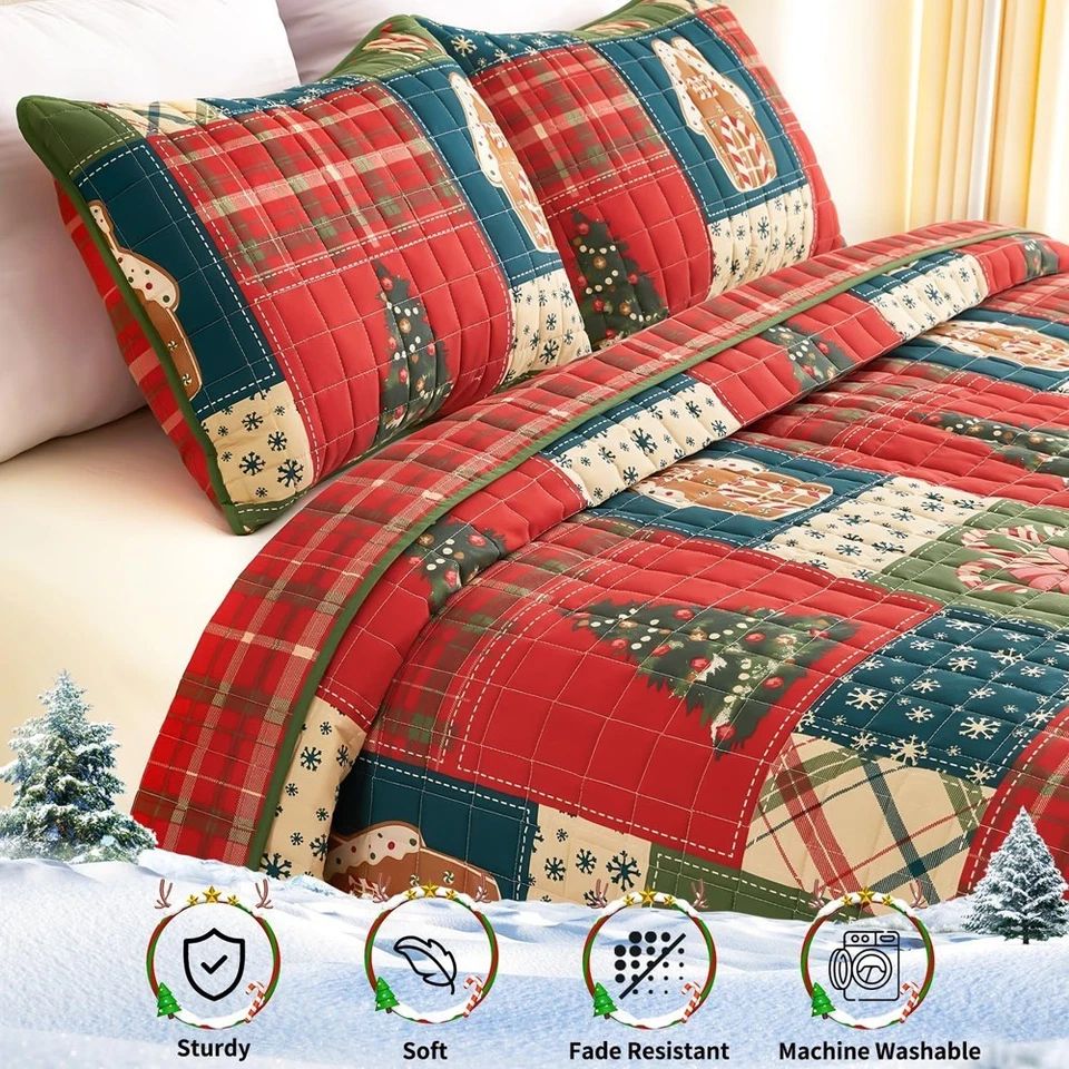 3-Piece Christmas Tree Quilts Set Queen Size Bedding Set Reversible（88"X92"） - Image 3 of 4