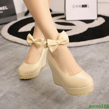 Women's round toe wedge heeled platform wedding shoes bow tied shoes pumps