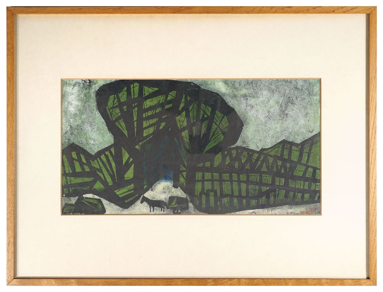 Ono Tadashige Woodblock Print Hill in Pompeii 1962 Sosaku Hanga Signed ed 20