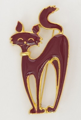 Vintage Maroon Enamel Cat Brooch Pin with Gold Tone Accents 2.5'' Adorable Smile