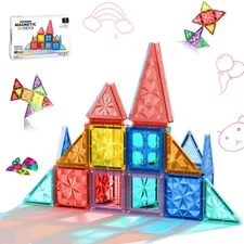 Magnetic Tiles Building 60 Pcs Set with Car bases – STEM Magnet Blocks Toys