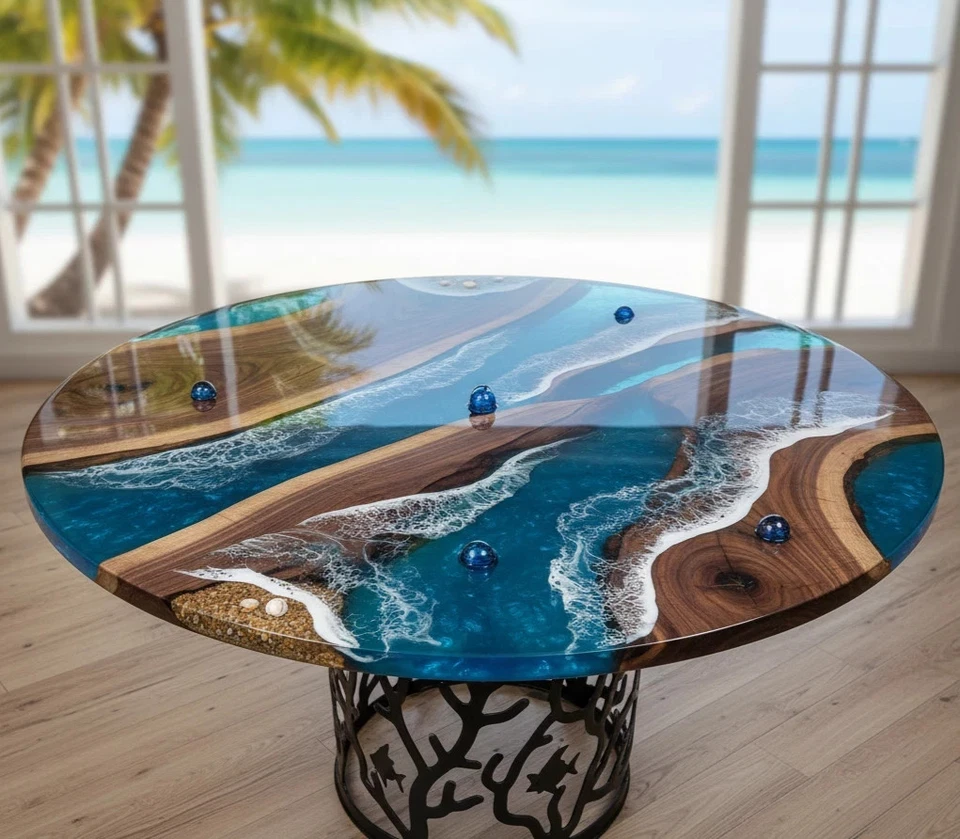 Live Edge Ocean Wave Resin Table Handmade Epoxy River Beach Furniture Decors - Image 2 of 4
