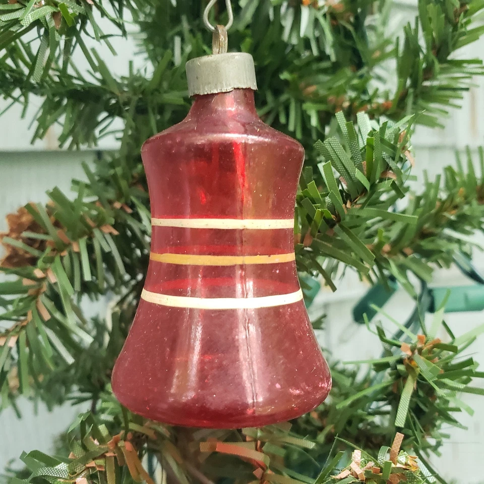 Campana de vidrio sin plata vintage de la Segunda Guerra Mundial a rayas rojo adorno de Navidad EE. UU. Foto 3 de 3