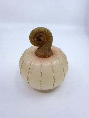 Hand Blown Glass Snow Farm New England Beige Pumpkin Curly Stem M.E. Vermont