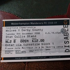 WOLVERHAMPTON WANDERERS v DERBY COUNTY MATCH TICKET 2008/9