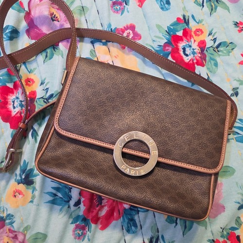 CELINE Macadam Pattern Brown Crossbody Shoulder Bag Gold Logo Authentic