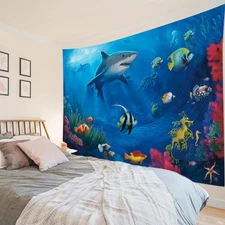 Ocean Dolphin Tapestry, Blue Underwater Wall Art for Kids Room, 60x40 In
