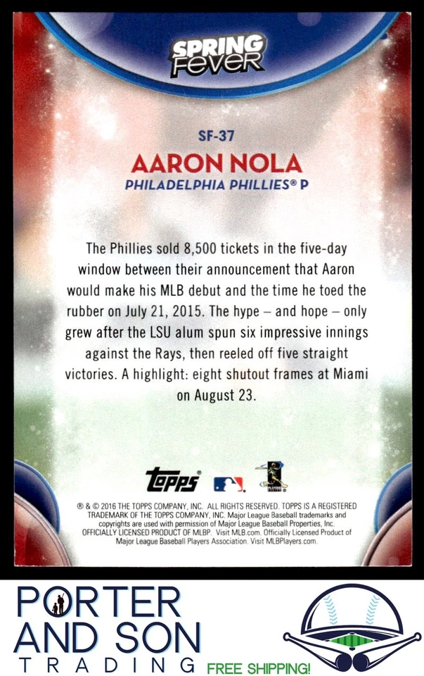 Aaron Nola 2016 Topps Spring Fever RC #SF-37 Philadelphia Phillies Baseball Card - Image 2 of 2