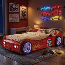 Twin Size Race Car-Shaped Wooden Platform Bed Frame w/ LED Wheel Lights for Kids