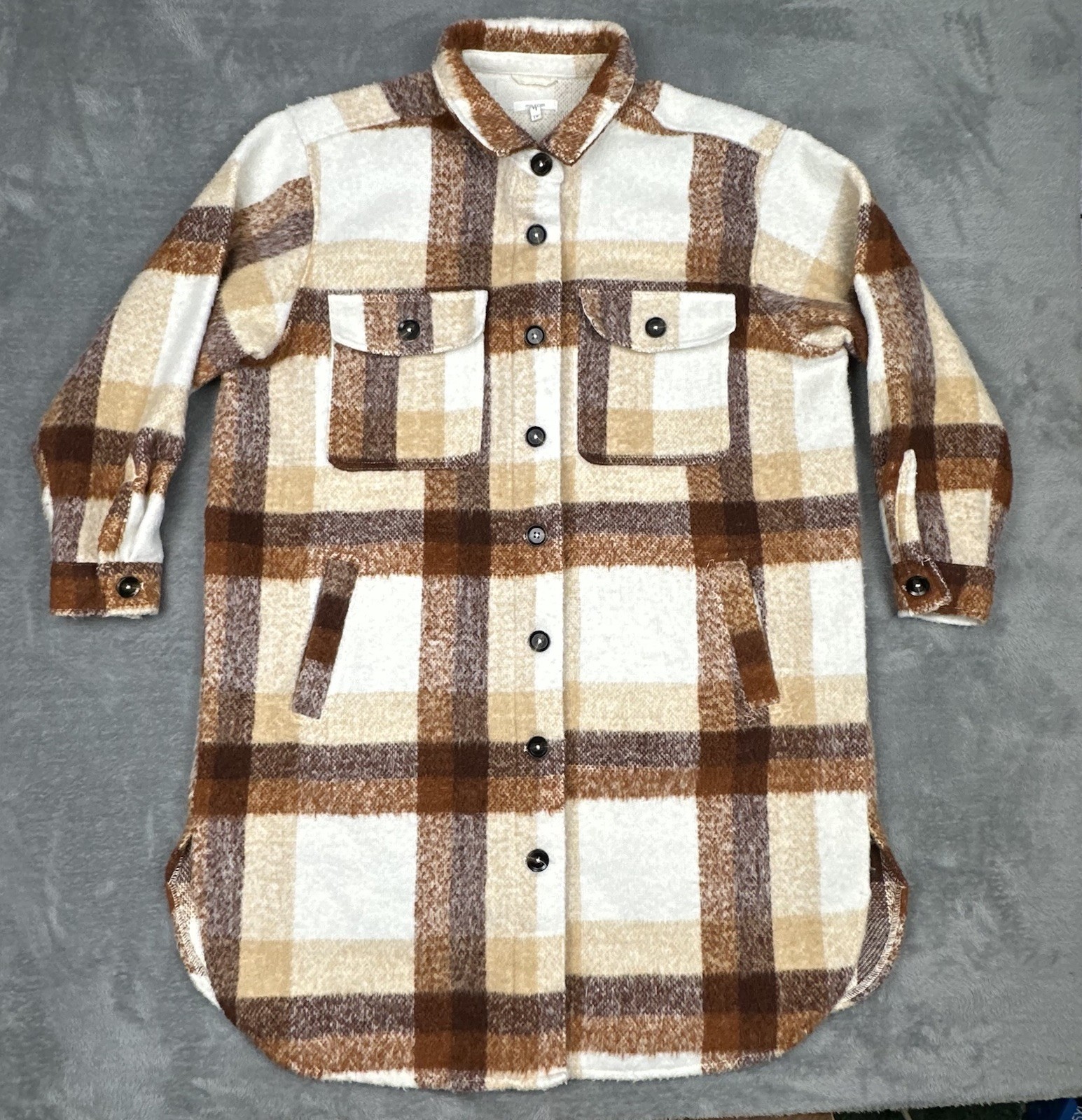 Maurices Shirt Jacket Womens 1X Brown Cream Plaid Shacket Pockets Chore Outdoor