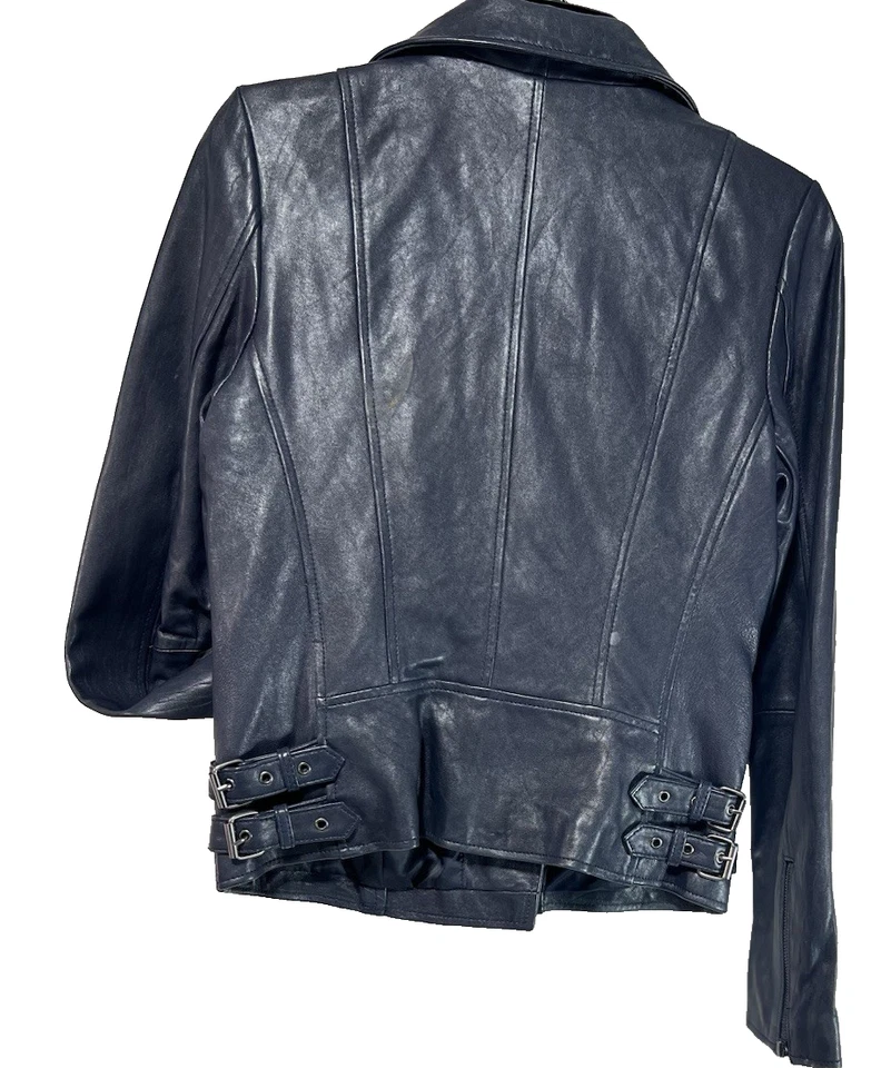 Chaqueta de cuero Victorias Secret Moto para mujer XS azul marino cuero mantecoso Foto 3 de 4
