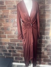 ZARA BROWN SATIN DRAPED L/S MID/LONG DRESS SMALL NWT