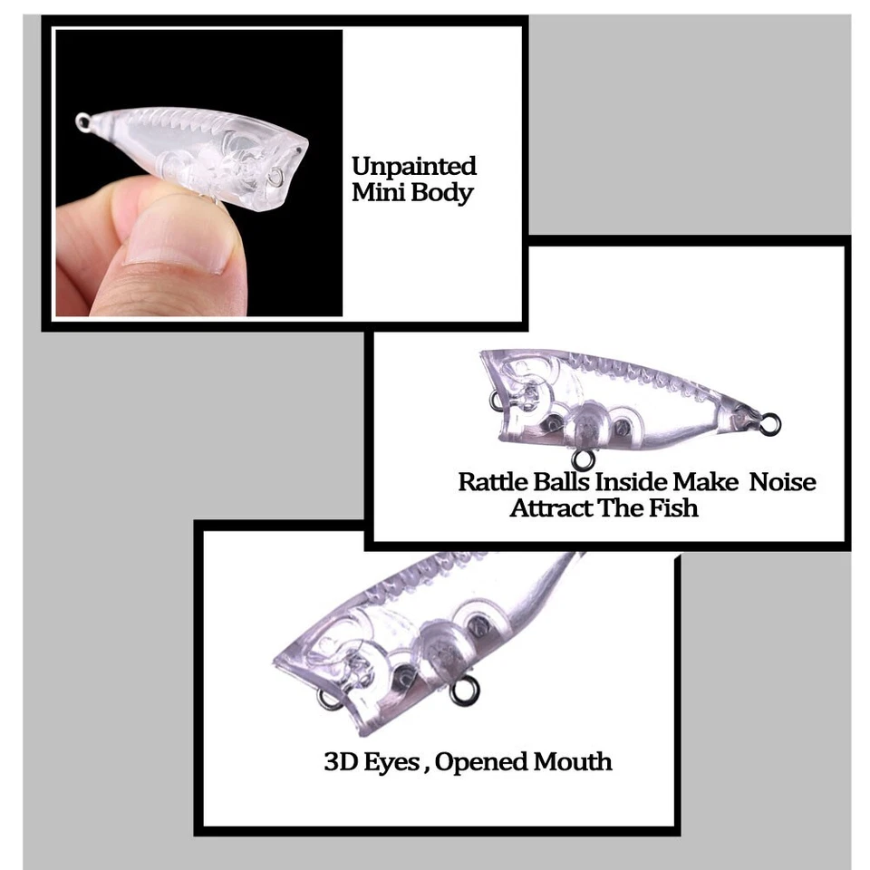 Señuelo de pesca en blanco 30 piezas 4 cm 2,7 G Topwater mini sonajero popper hágalo usted mismo cebo sin pintar Foto 4 de 4