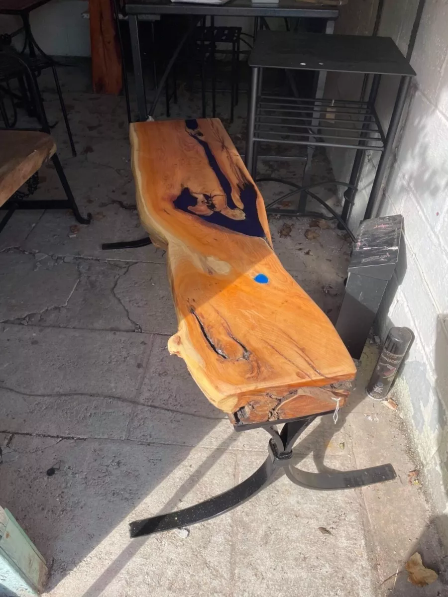 Resin River Seat Bench in Yew With Blacksmith Legs