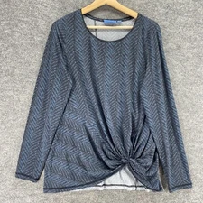 Simply Vera Vera Wang Blouse Women L Large Gray Striped Tie Long Sleeve Casual