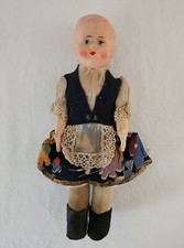 German Dutch Celluloid Head Doll in Dress with Vest Apron Vintage 8 3/4" Tall