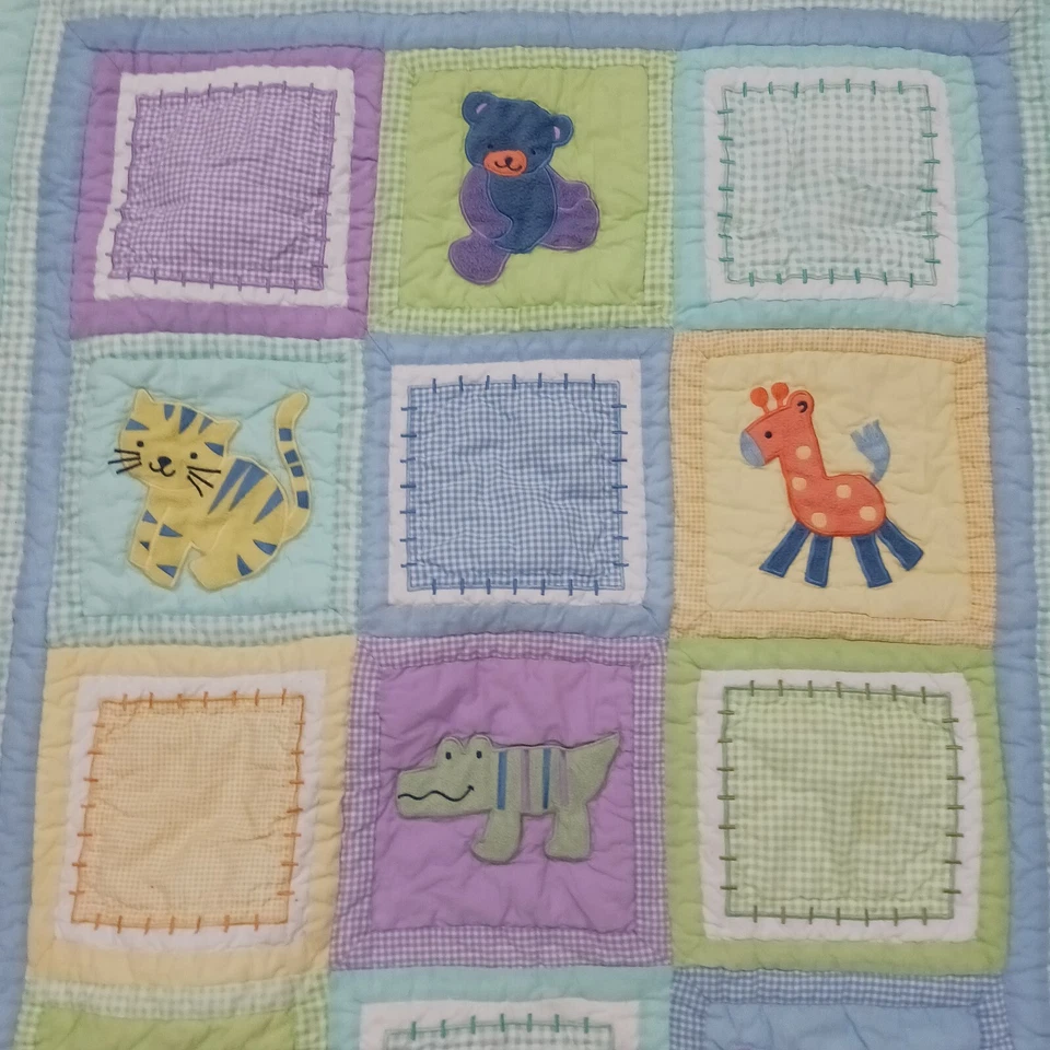 Tiddliwinks Baby Toddler Quilt Patchwork Blanket Animals Blue Yellow 35" × 44" - Image 2 of 4