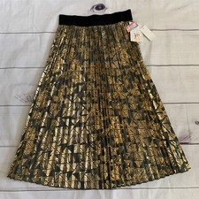 LuLaRoe Jill Skirt Womens XS Green Gold Metalic Print Pleated Elastic Waist NEW
