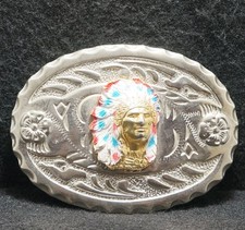 WJ11133 VINTAGE 1970s  INDIAN CHIEF W/ FULL HEADDRESS  ARTWORK MEN BELT BUCKLE