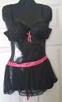 Passion Forever French Maid Babydoll Lingerie Sze XL Pink Black Push Up Sheer